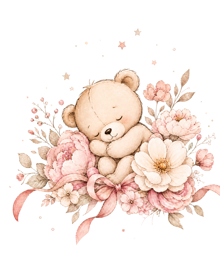 Ilustração de um ursinho entre flores